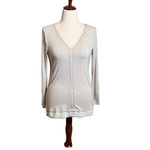 White House Black Market tunic beige v-neck long sleeve beading chiffon hem sz S